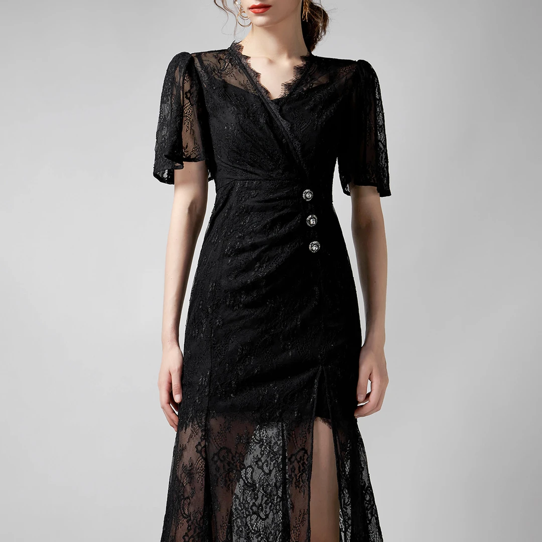 【老板娘夏天】AUI黑色高级蕾丝连衣裙小黑裙气质中长裙-24X014515