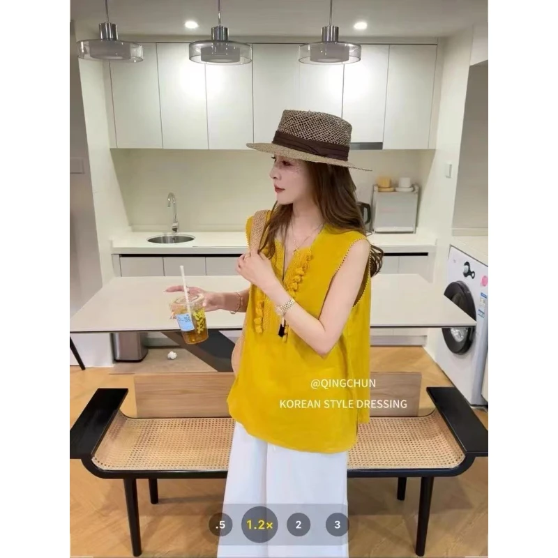 J2X2592-法式V领无袖背心女夏季新款宽松设计感小众上衣套装