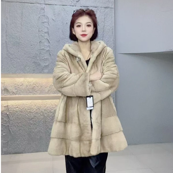 246989【DC】女装反季撤柜水貂皮草外套米黄连帽