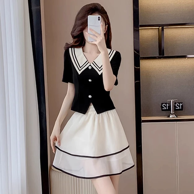单件/套装夏季甜美减龄洋气两件套气质显瘦上衣半身短裙娃娃领