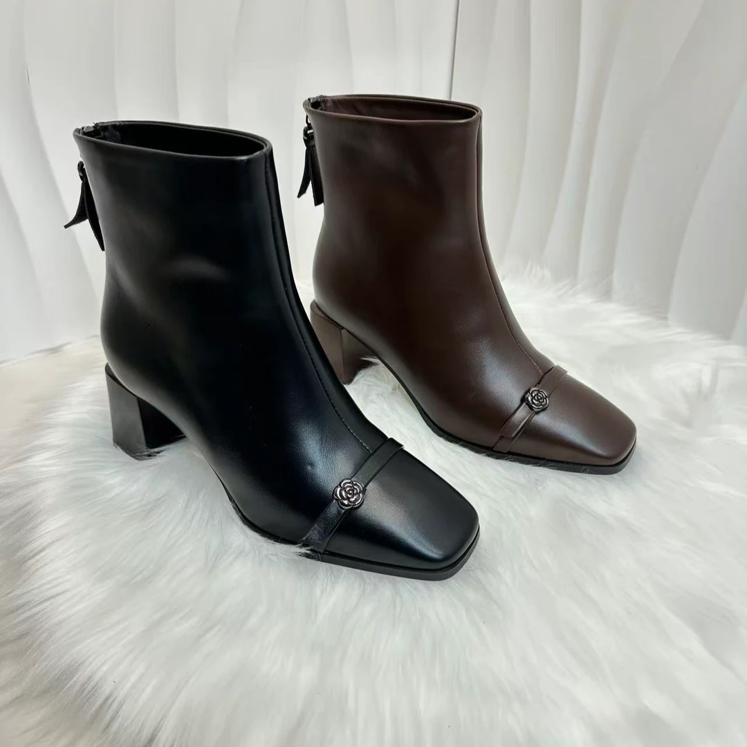 Y33631加绒粗跟高跟中跟方跟方头短靴粗跟靴时尚秋冬时装靴靴子