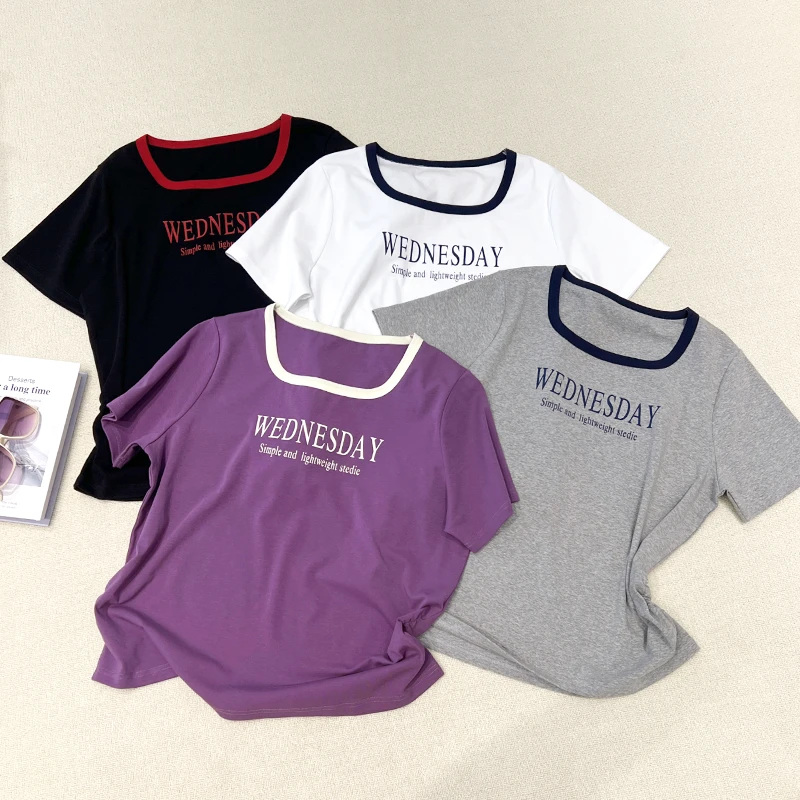 减龄撞色方领字母T恤2025夏季新款减龄显瘦上衣大码女装66309