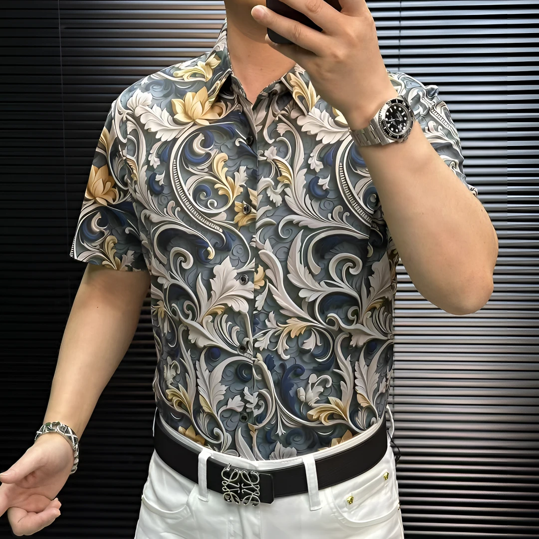 FLD甄选25年桑蚕丝高弹力免烫百搭休闲网红男士花朵印花短袖衬衫