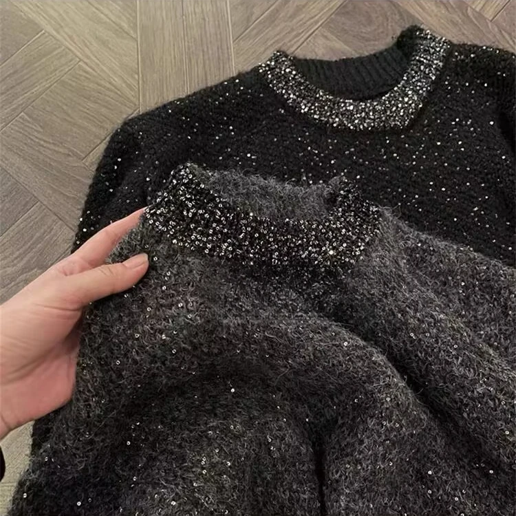 （香香P1025）百搭韩系套头重工亮片毛衣女