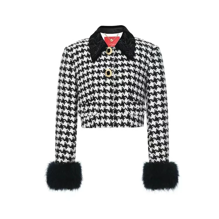 LeFame/拉飞姆2024年冬季新千鸟格短外套中式呢大衣FF24D31SC216