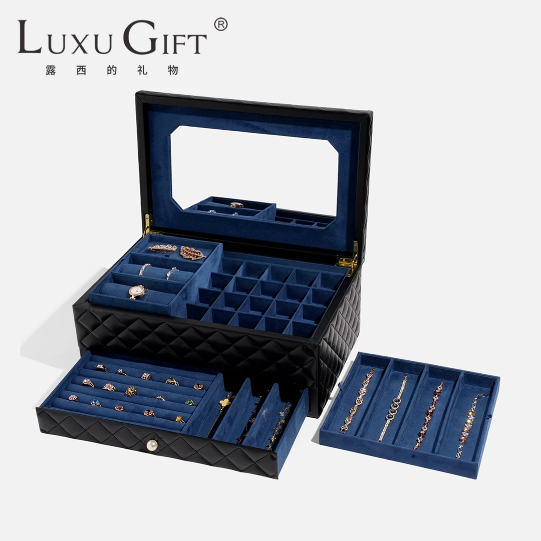 LuxuGift 首饰盒/箱 大容量首饰箱轻奢欧式皮革珠宝饰品收纳箱