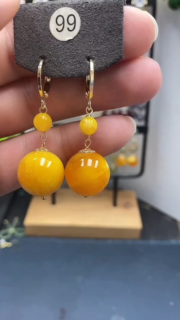 蜜蜡银S925镀金镶嵌耳饰尺寸16mm耳扣D1