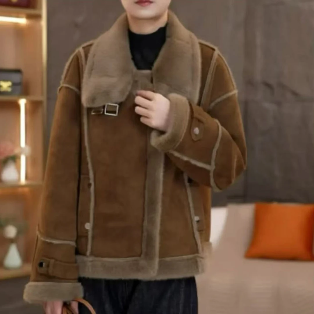 皮毛一体短款外套冬季妈妈立领百搭防风中年女装保暖上衣