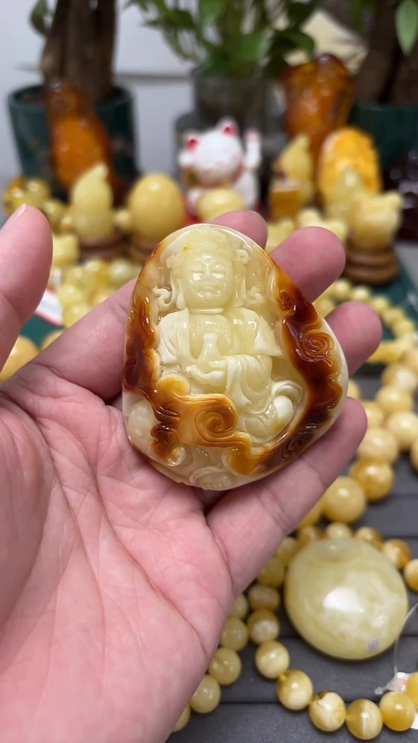 手串蜜蜡未镶嵌p64白花蜡精品雕刻件 38.87克