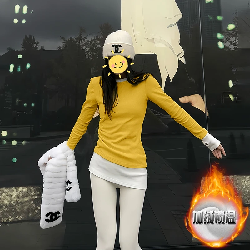 秋冬新款时尚女装设计感拼接撞色圆领长袖打底衫上衣加绒保暖T恤