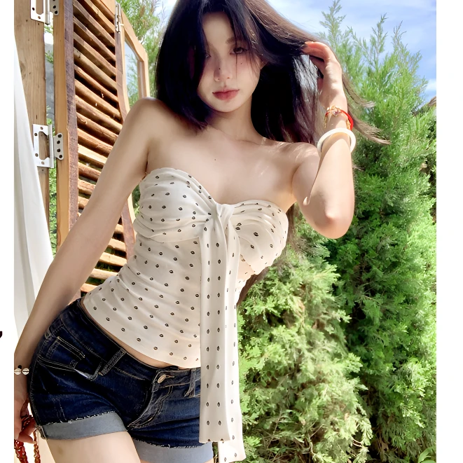 白色波点无袖抹胸女夏季蝴蝶结系带设计感背心修身显瘦辣妹上衣潮