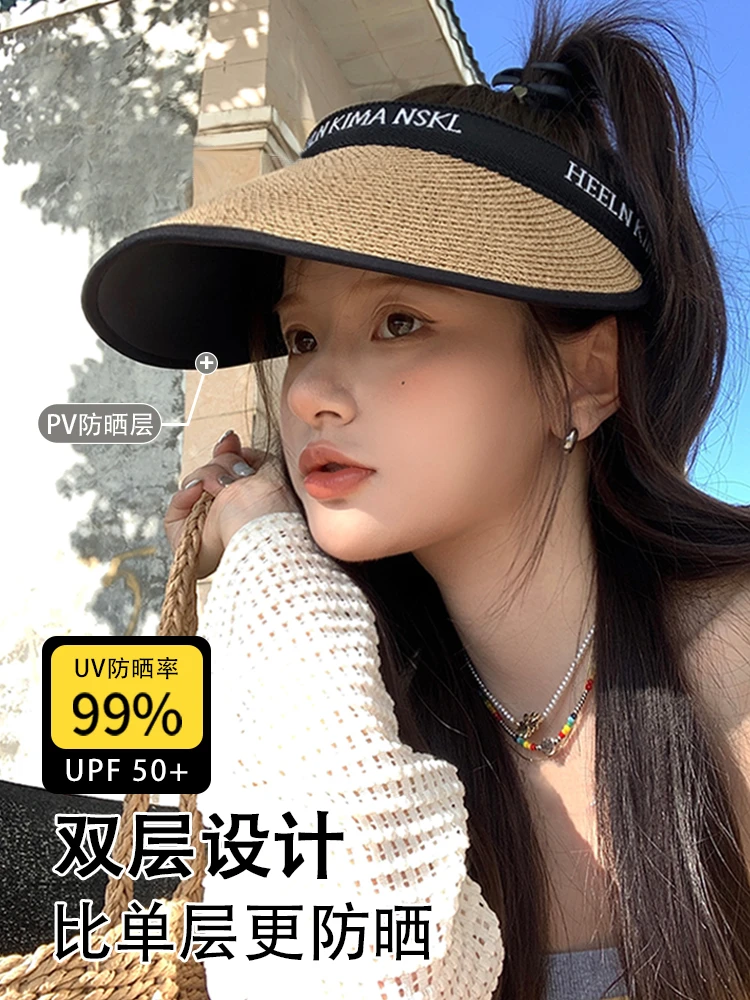 空顶防晒帽女夏黑胶草帽防紫外线专业遮阳帽大帽檐遮脸太阳帽子