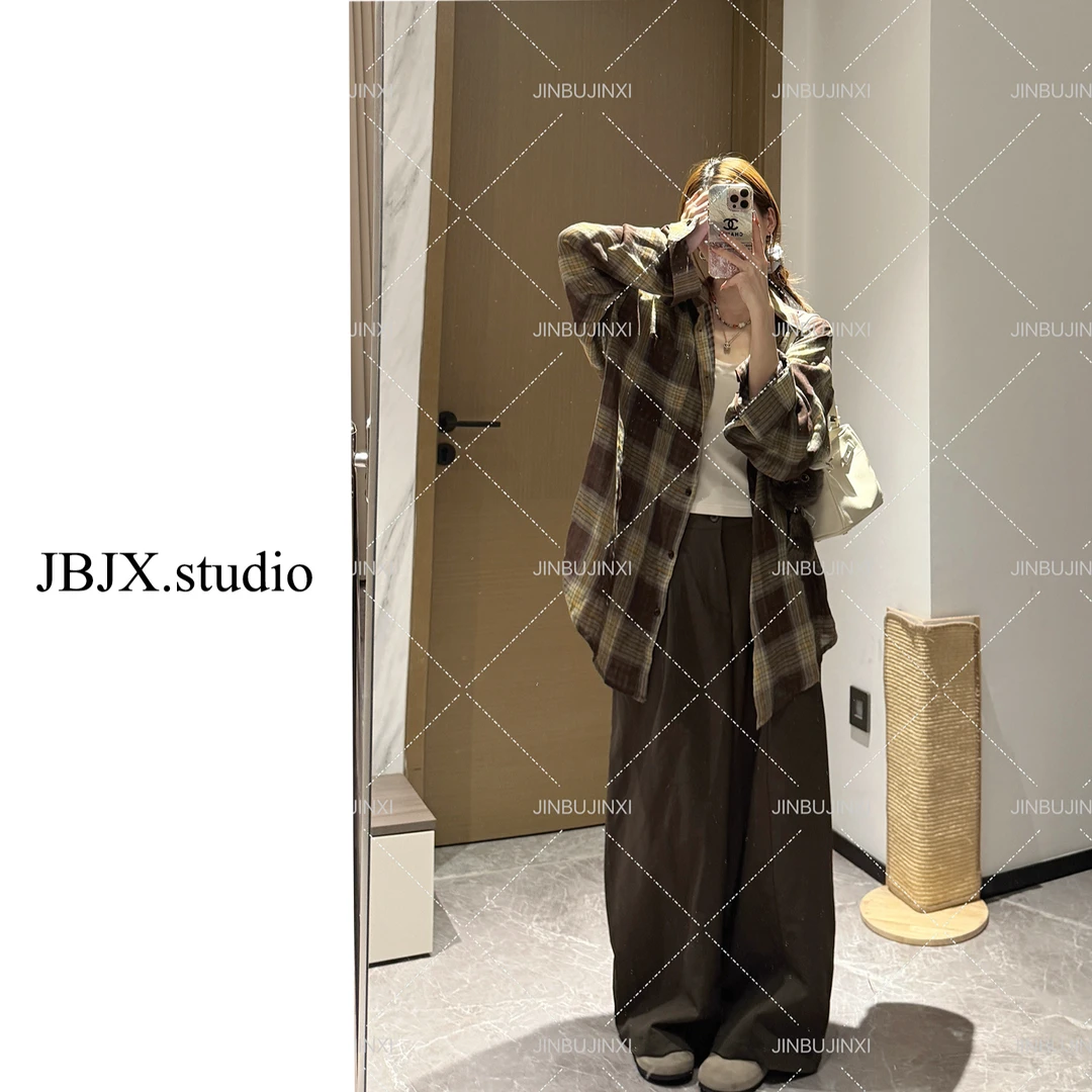 JBJX【慵懒周日 简约休闲风阔腿长裤】高腰时尚复古宽松秋季设计感