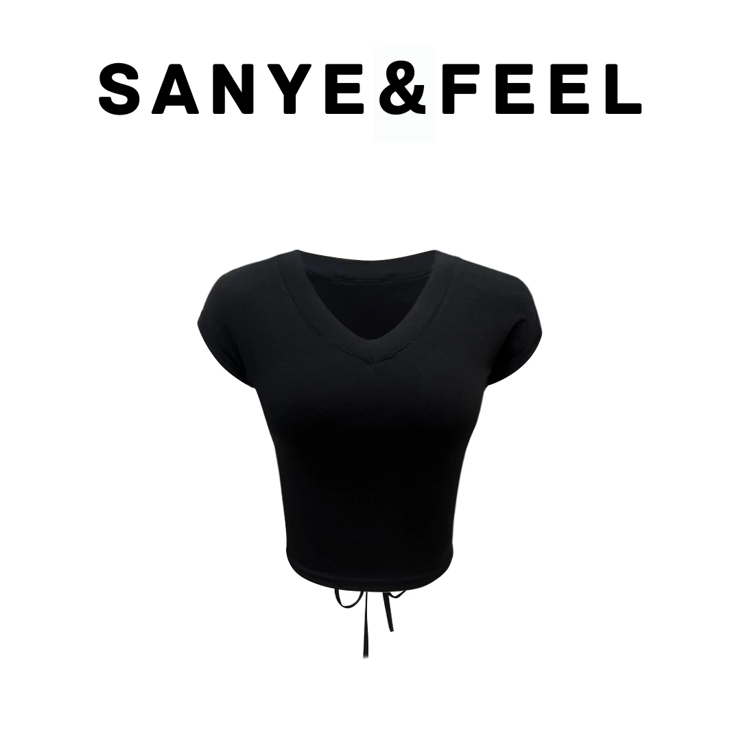 sanye&feel/妍三也【妍三也】577夏季新款镂空绑带短V领上衣YX