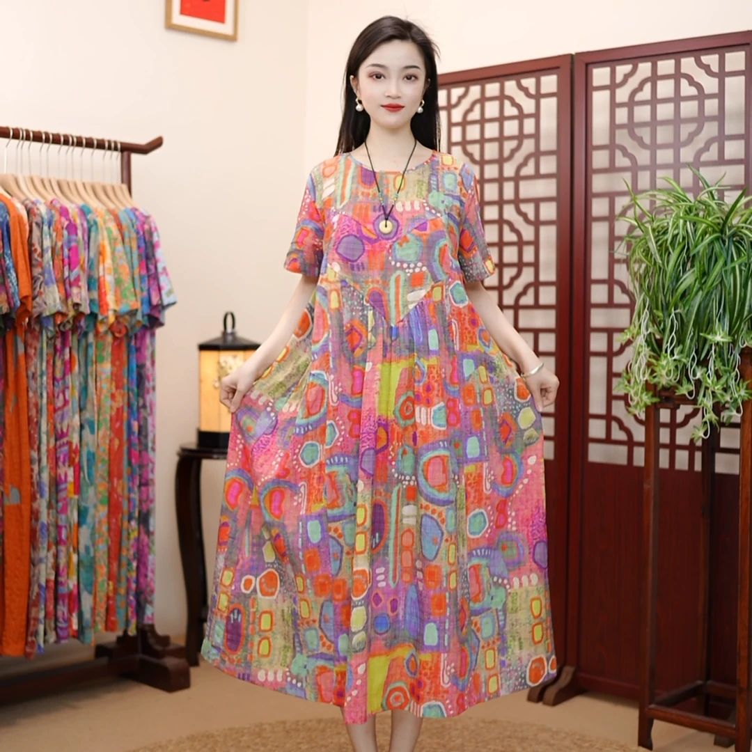 [彩虹]夏季新款高级气质棉麻柔软遮肚宽松显瘦连衣裙子妈妈装