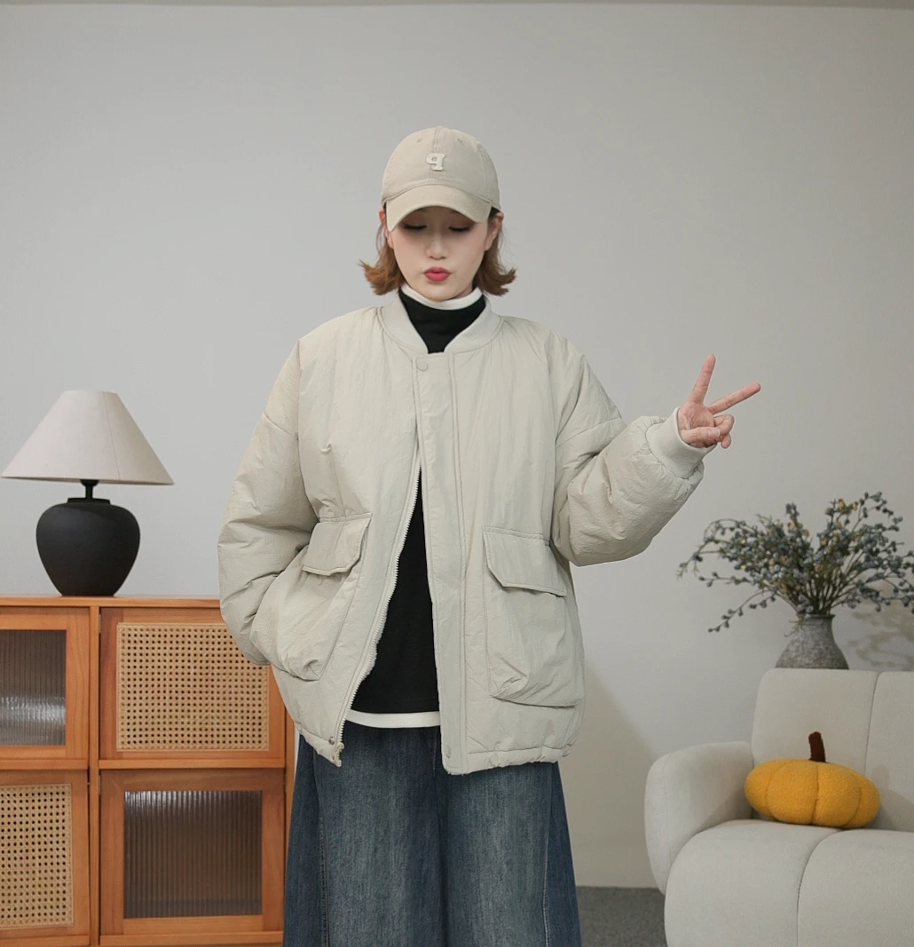 秋冬立体口袋设计感时尚圆领棉服