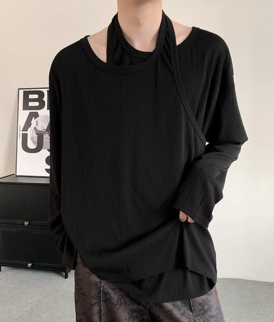 春夏吊带领t恤男长袖个性大码假两件上衣韩版时尚百搭套头打底衫