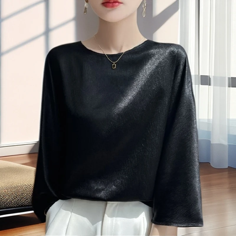 【雅岚女装】时尚洋气显瘦国风雅韵皱感肌理衬衫T恤夏季新圆领气质