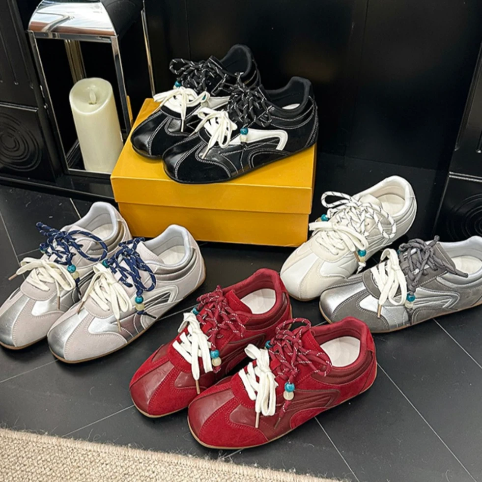 女子系带增高4.5cm橡胶增高德训鞋休闲舒适百搭配色拼接复古女鞋