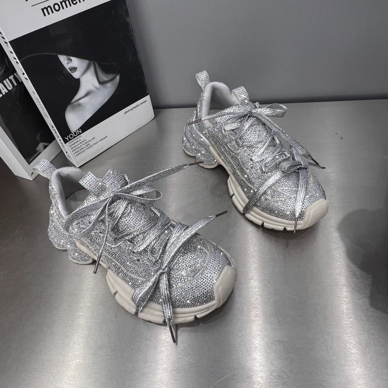 欧货老爹鞋女2025年新款高颜值满钻双鞋带增高4cm厚底百搭休闲鞋