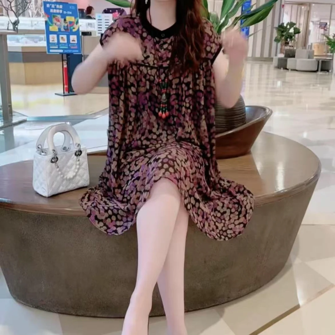 夏季新款宽松坎袖气质碎花连衣裙中长款显瘦百搭