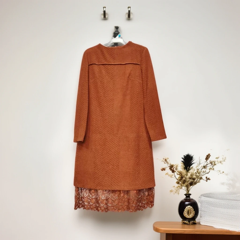 秋冬新款圆领纯色蕾丝拼接打底连衣裙气质W591