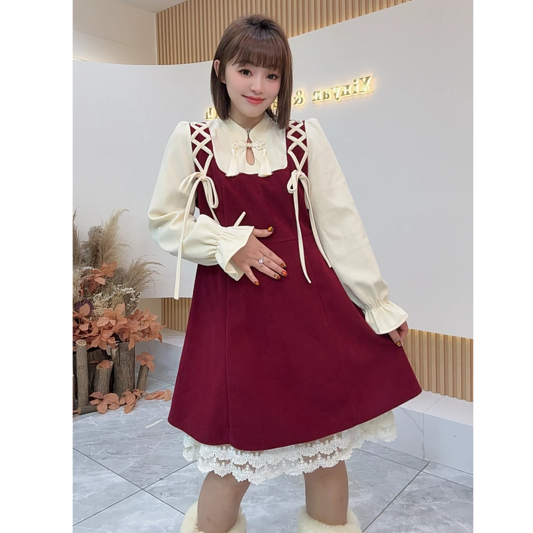 【鑫焱甄选】蝴蝶结绑带背心立领常规蕾丝套头大码连衣裙拼接圆领