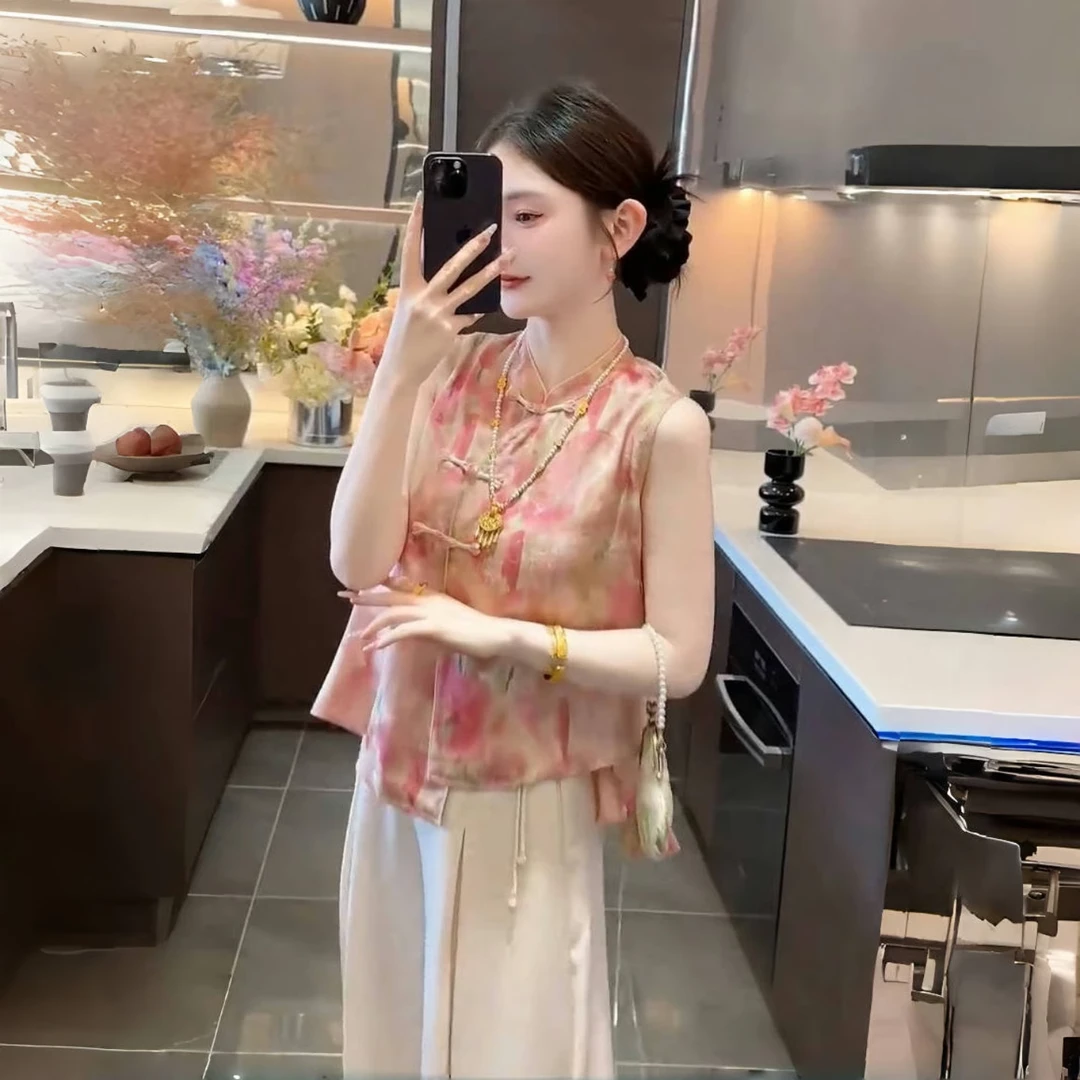 新中式复古衬衫女夏新款洋气印花圆领无袖上衣改良国风旗袍马甲潮