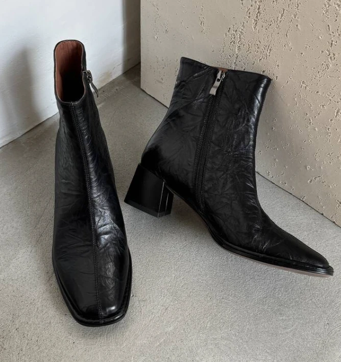 头层羊皮5公分/秋冬时装靴英伦风红色粗跟瘦瘦靴1550