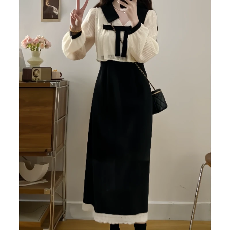 大码女装早秋法式气质风衬衫娃娃领蝴蝶结设计显瘦假两件连衣裙子