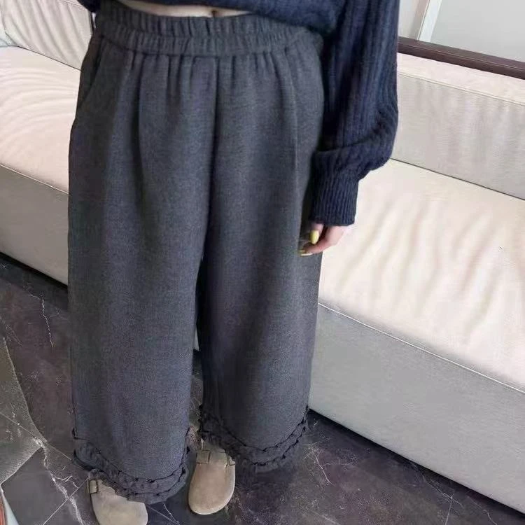 丹丹精选--3368新款松紧腰拼接木耳边裤脚阔腿裤