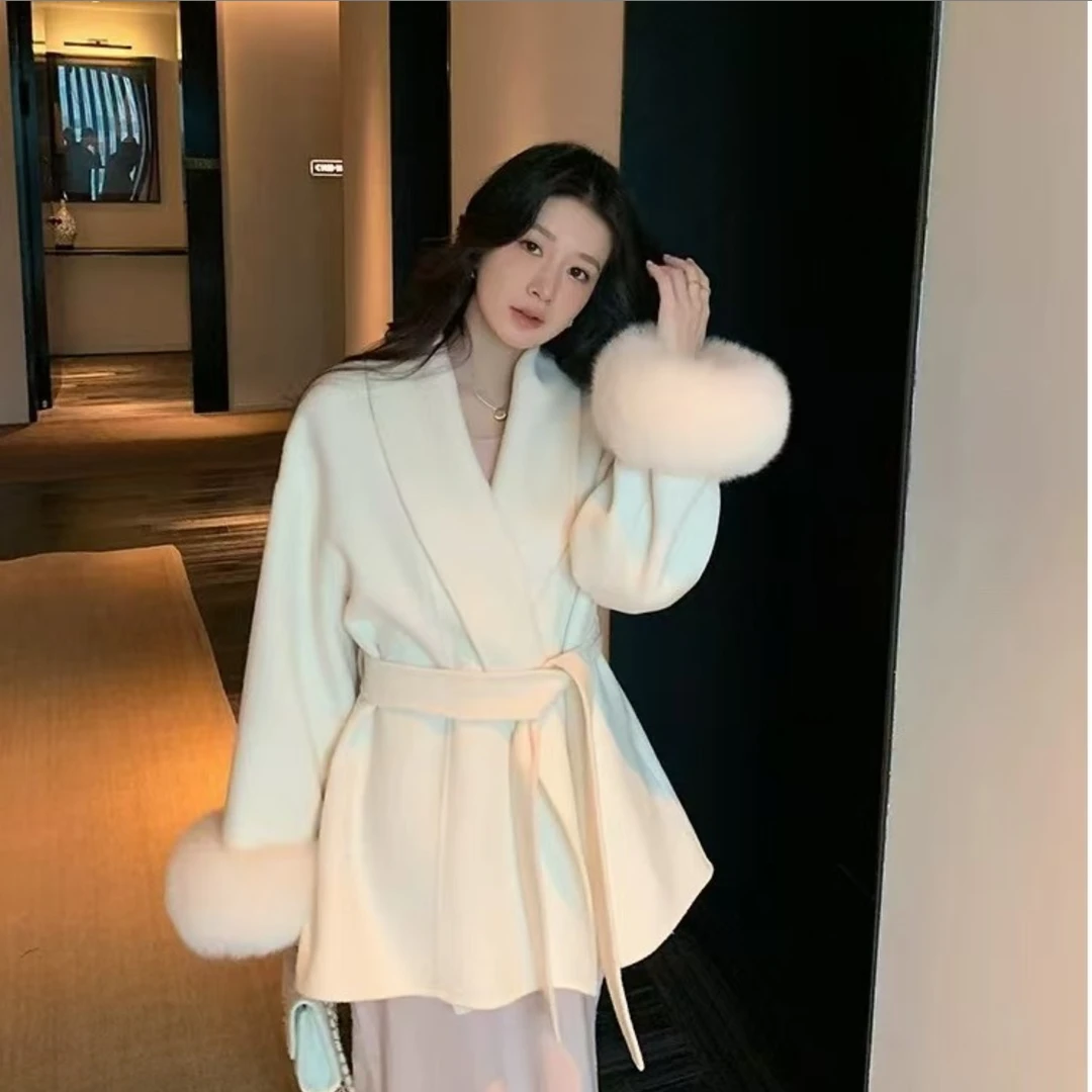 新款羊狐狸毛袖双面呢时尚气质百搭高端中长款秋冬女厚