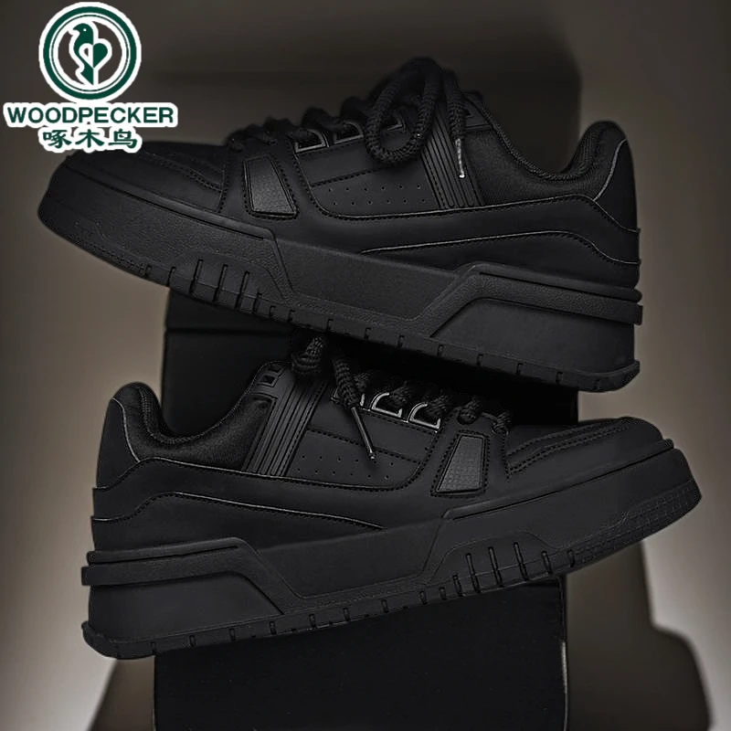 【正品】啄木鸟男鞋春秋小众设计百搭休闲纯黑色板鞋青少年运动厚底
