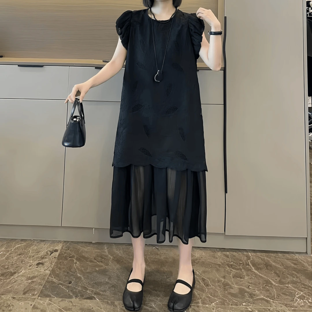 设计感镂空网纱拼接连衣裙女2025夏季大码胖MM气质百搭洋气长裙子