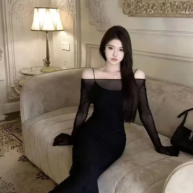 秃秃家大码优雅轻熟御姐风皱褶修身开叉包臀连衣裙718