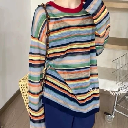 S1293针织衫女慵懒风撞色条纹开衫休闲百搭薄款上