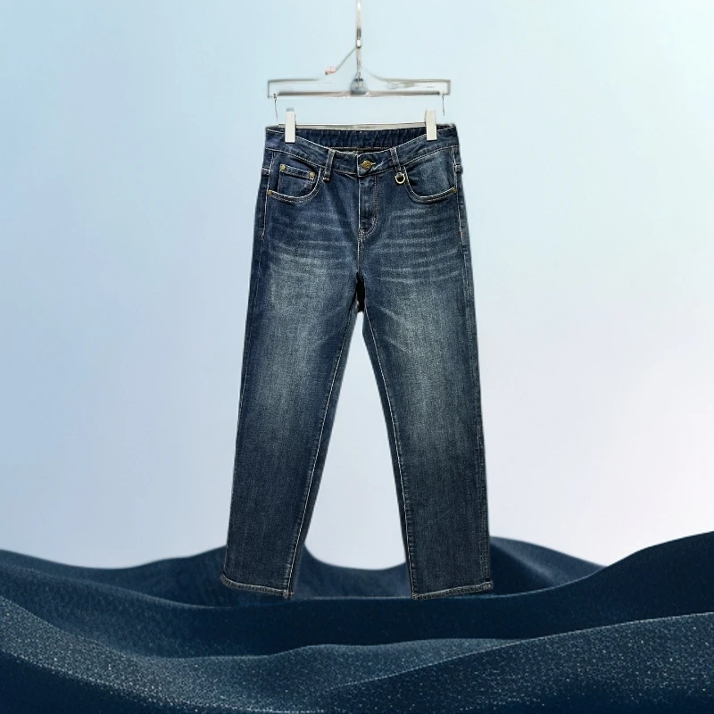 巴赛娜缇时尚帅气流行宽松直筒裤男士秋冬新款字母提花水洗牛仔裤