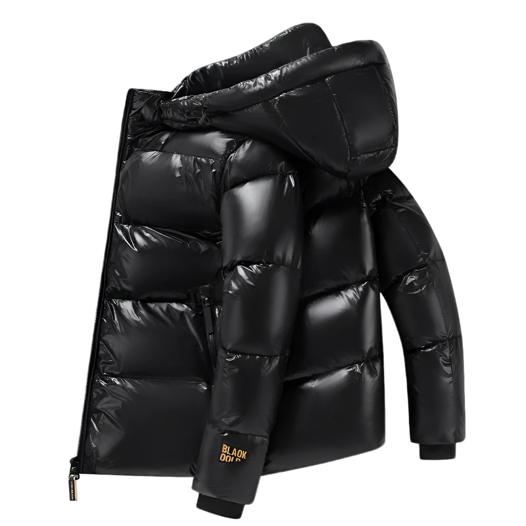 男士冬季超厚连帽亮面白鹅绒黑金羽绒服零下40短款保暖时尚外套男