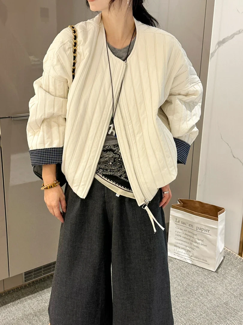 2025连帽格子拼接绗线棉服外套早冬季新款时尚百搭休闲女士