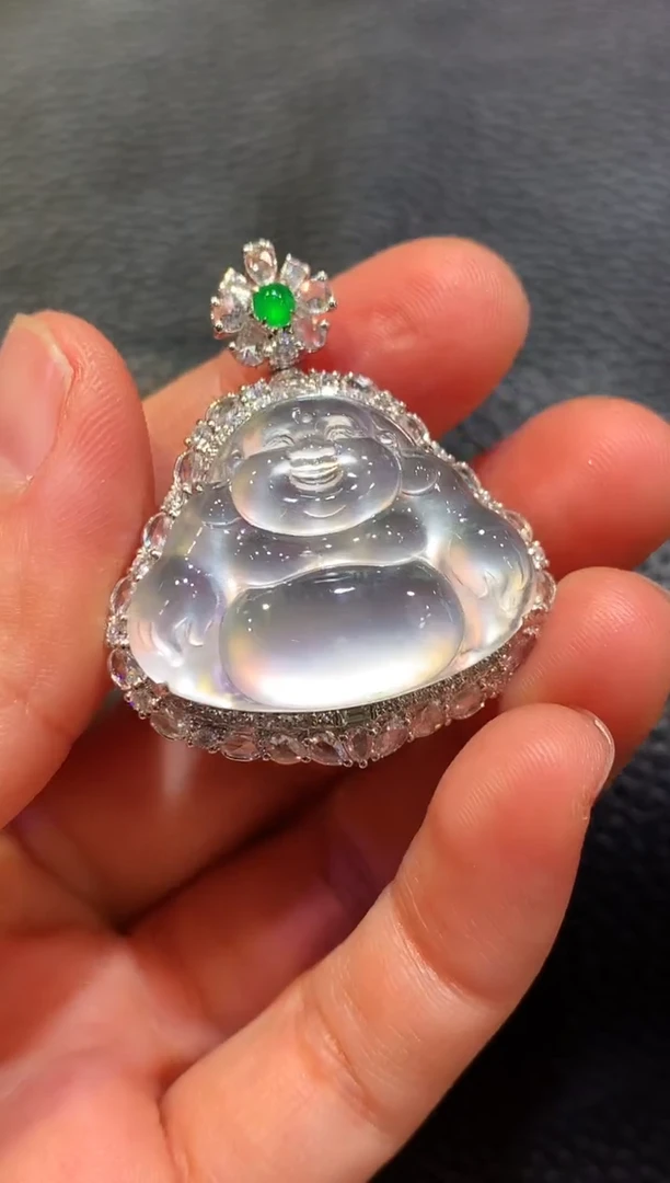 吊坠(赠链)18K金镶嵌翡翠玻璃种炸光佛公吊坠