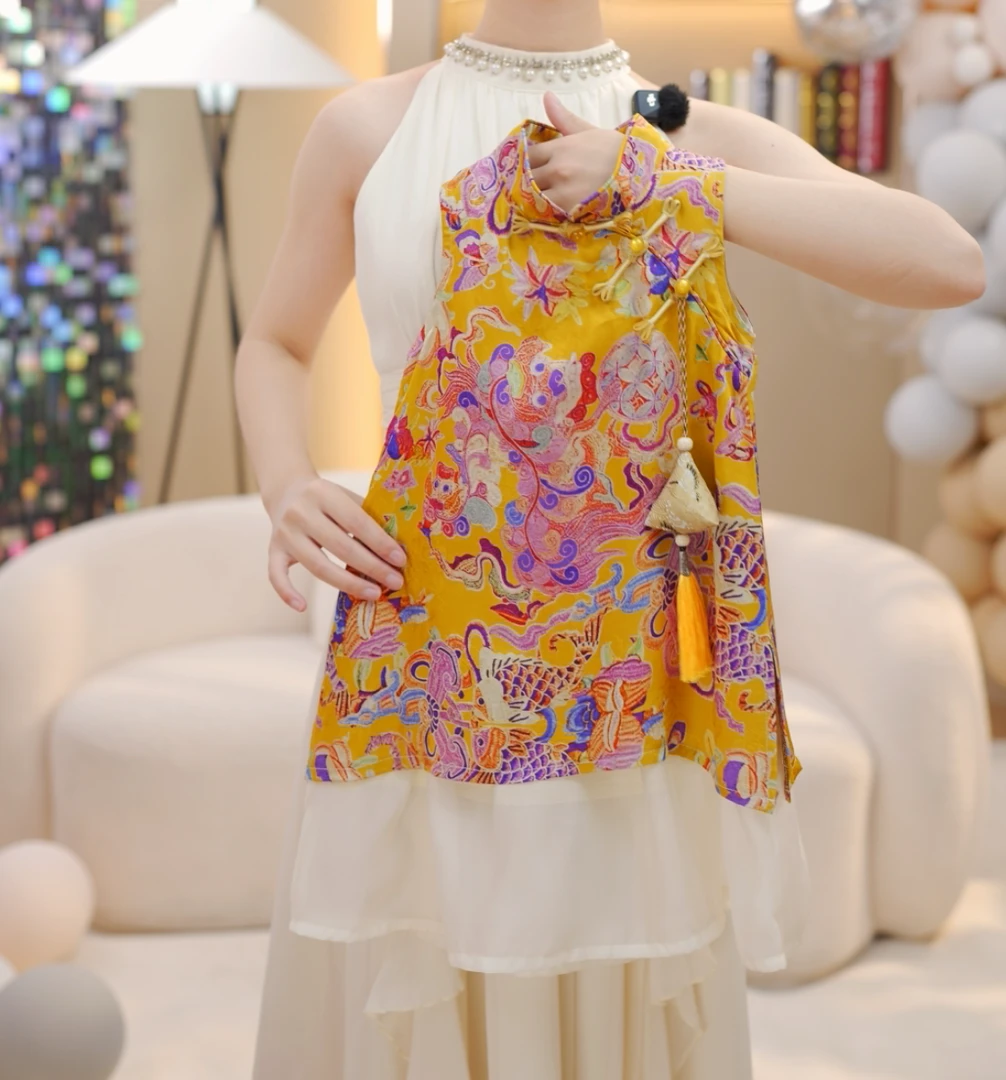 【送香包】2025夏季新款女童新中式无袖旗袍假两件背心裙复古国风