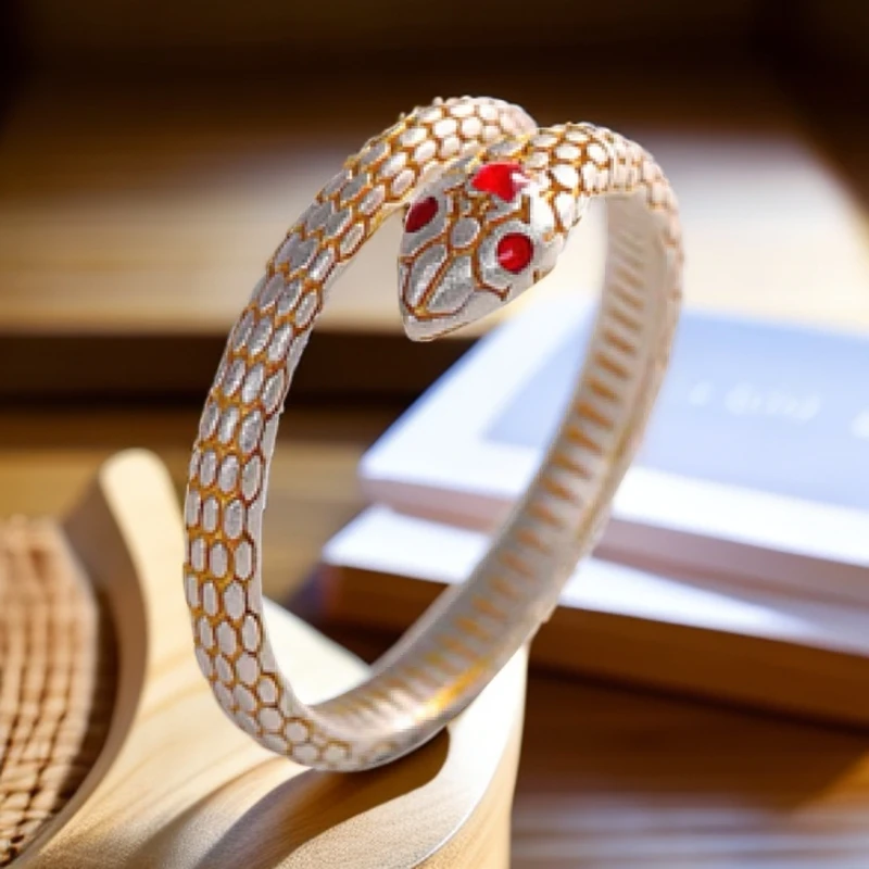 足银戒指 足银描金本命年灵蛇桃花开口戒指3D立体轻奢气质设计师