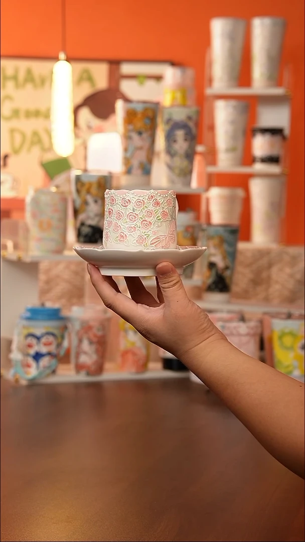 景德镇手工手绘文创陶瓷杯(马克杯+底托）