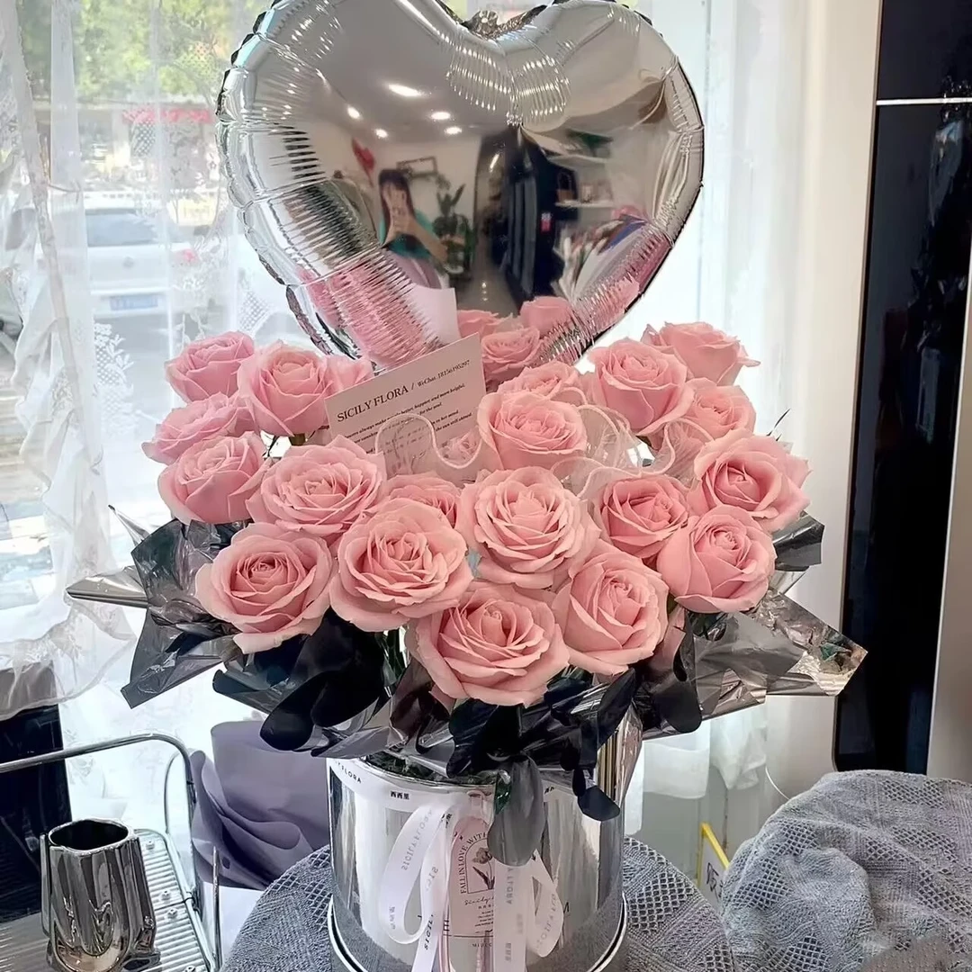 温柔如你-21朵粉玫瑰花鲜花抱抱桶花束B500花店小时达送货