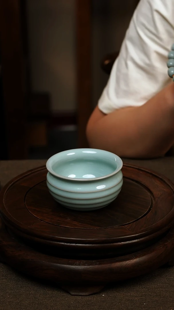 瓷片001汝瓷全手工玹纹杯90ml 微瑕