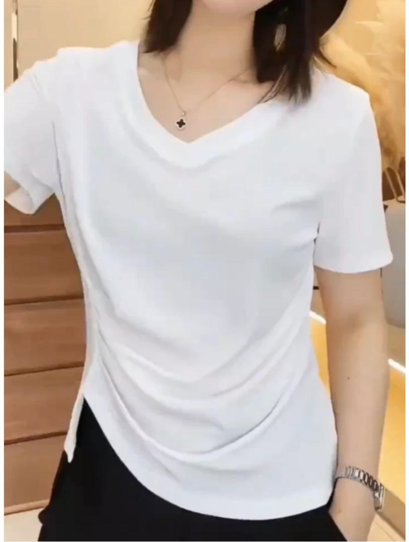 V领短袖不规则修身T恤女百搭设计感洋气显瘦上衣纯色气质夏季