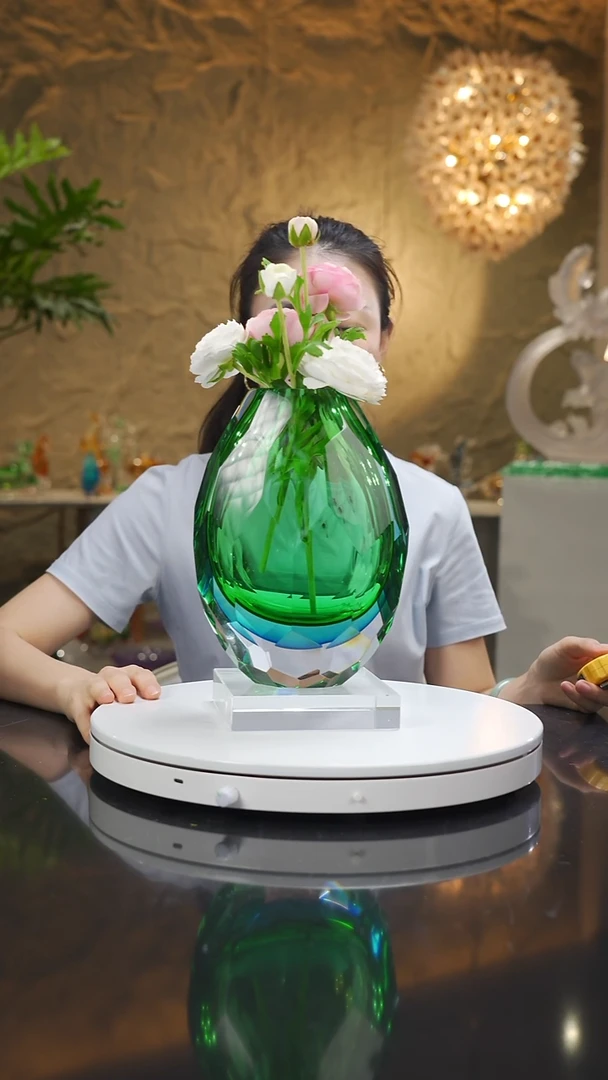 琉璃手工艺品福利蓝绿切面花瓶带底座