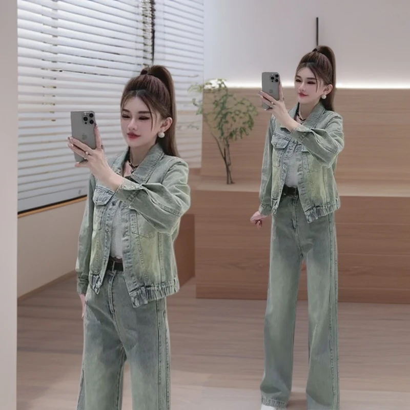 牛仔套装女2025秋季新款港风时尚水洗做旧短外套高腰阔腿裤两件套