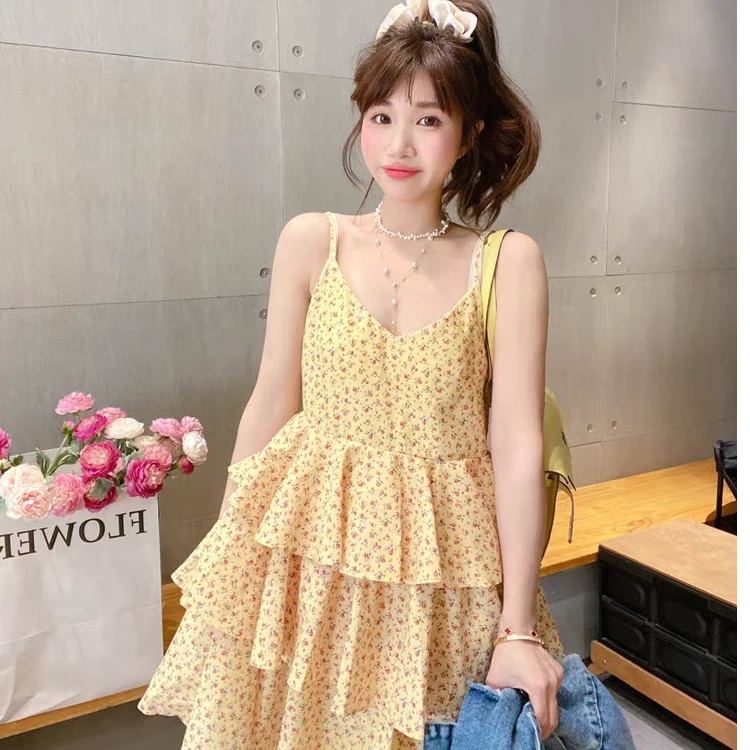 初恋奶甜黄色碎花吊带连衣裙女装夏季法式减龄收腰蛋糕裙子1786
