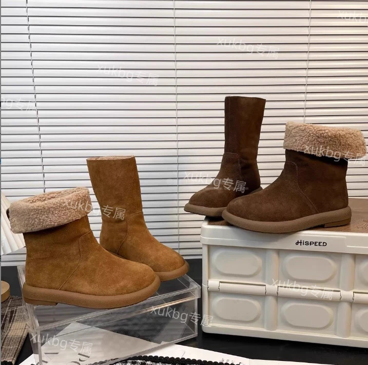 2025新款厚底中筒靴翻毛皮中筒靴